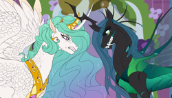 Size: 1280x731 | Tagged: safe, artist:dementra369, princess celestia, queen chrysalis, alicorn, changeling, changeling queen, pony, a canterlot wedding, g4, alternate design, angry, crossed horns, crown, fangs, female, gritted teeth, horn, horns are touching, jewelry, regalia, scene interpretation, screenshot redraw, spread wings, teeth, wings