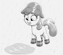 Size: 3184x2796 | Tagged: safe, artist:heretichesh, apple bloom, earth pony, pony, g4, boots, female, filly, grayscale, hat, high res, monochrome, puddle, rain, rain boots, shoes, solo, wet