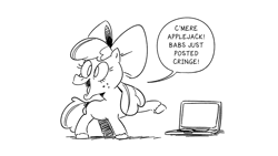 Size: 1200x675 | Tagged: safe, artist:mellodillo, apple bloom, earth pony, pony, g4, black and white, computer, female, filly, freckles, grayscale, implied applejack, implied babs seed, laptop computer, lineart, monochrome, pointing, simple background, solo, speech bubble, white background