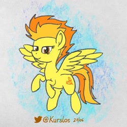 Size: 1024x1024 | Tagged: safe, artist:kurslos, spitfire, pegasus, pony, g4, atg 2021, flying, newbie artist training grounds, simple background, solo, text, wings