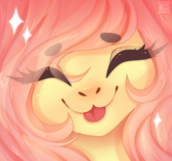 Size: 2304x2160 | Tagged: safe, artist:elektra-gertly, fluttershy, pony, g4, :3, :p, beanbrows, blushing, bust, close-up, cute, daaaaaaaaaaaw, eyebrows, eyebrows visible through hair, eyes closed, high res, portrait, shyabetes, solo, sparkles, tongue out