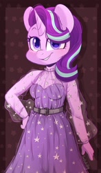 Size: 1802x3056 | Tagged: safe, artist:sakukitty, starlight glimmer, unicorn, anthro, g4, breasts, clothes, dress, female, grin, high res, see-through, smiling, smirk, solo