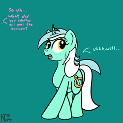 Size: 1999x1999 | Tagged: safe, artist:dafiltafish, lyra heartstrings, pony, unicorn, comic:day by day, g4, atg 2021, female, implied bon bon, mare, nervous, offscreen character, simple background, solo, sweat, sweatdrops