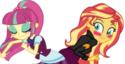 Size: 1409x720 | Tagged: safe, artist:gmaplay, sour sweet, sunset shimmer, equestria girls, g4, blushing, butt touch, female, lesbian, shipping, simple background, sourshimmer, transparent background