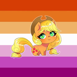 Size: 1920x1920 | Tagged: safe, artist:wilvarin-liadon, applejack, earth pony, pony, g4, applejack's hat, blushing, chibi, cowboy hat, cute, hat, jackabetes, lesbian pride flag, pride, pride flag, solo