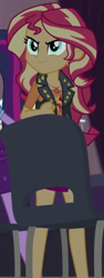 Size: 405x1080 | Tagged: safe, screencap, sci-twi, sunset shimmer, twilight sparkle, cheer you on, equestria girls, g4, my little pony equestria girls: better together, chair, clenched fist, clothes, cropped, geode of empathy, jewelry, leather vest, magical geodes, necklace, offscreen character, offscreen human, shoulderless shirt, skirt