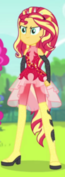 Size: 350x947 | Tagged: safe, screencap, pinkie pie, sunset shimmer, cheer you on, equestria girls, g4, my little pony equestria girls: better together, alternate hairstyle, boots, clenched fist, clothes, cropped, determined smile, dress, fingerless gloves, gloves, knee-high boots, leggings, offscreen character, offscreen human, ponied up, pony ears, shoes, skirt, sleeveless, spiked headband, super ponied up