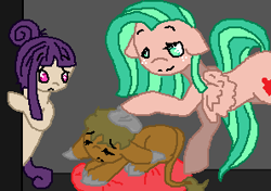 Size: 297x209 | Tagged: safe, artist:hollllow, oc, oc only, earth pony, pegasus, pony, 1000 hours in ms paint, earth pony oc, female, freckles, mare, pegasus oc, petting, smiling, wings