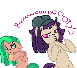 Size: 307x271 | Tagged: safe, artist:hollllow, oc, oc only, earth pony, pegasus, pony, 1000 hours in ms paint, bipedal, crossed arms, duckface, duo, earth pony oc, female, freckles, frown, hat, mare, pegasus oc, simple background, unamused, white background, wings