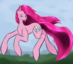 Size: 2000x1774 | Tagged: safe, artist:renarde-louve, pinkie pie, earth pony, pony, g4, female, long legs, looking at you, mare, one eye closed, pinkamena diane pie, running, solo, tongue out, wink, winking at you