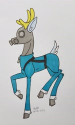 Size: 1861x3099 | Tagged: safe, artist:agdapl, deer, antlers, clothes, crossover, deerified, gas mask, male, mask, pyro (tf2), raised hoof, signature, solo, species swap, team fortress 2, traditional art