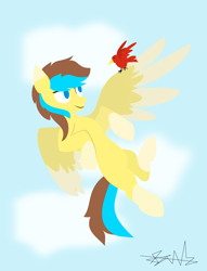 Size: 3050x3983 | Tagged: safe, artist:samsailz, oc, oc only, bird, pegasus, pony, cloud, cute, flying, high res, lineless, pegasus oc, sky, smiling, solo