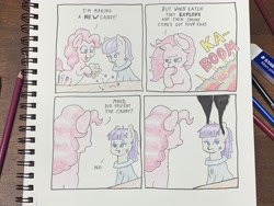 Size: 4032x3024 | Tagged: safe, artist:lost marbles, maud pie, pinkie pie, earth pony, pony, g4, atg 2021, blatant lies, candy, clothes, comic, explosion, food, newbie artist training grounds, smoke, text, traditional art