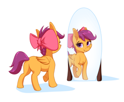 Size: 1743x1442 | Tagged: safe, artist:aquaticvibes, scootaloo, pegasus, pony, g4, accessory swap, apple bloom's bow, blank flank, bow, butt, cute, cutealoo, female, filly, hair bow, mirror, plot, scootabutt, simple background, solo, white background