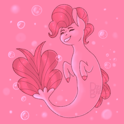 Size: 1200x1200 | Tagged: safe, artist:dzikibadyl, pinkie pie, earth pony, pony, seapony (g4), g4, bubble, dorsal fin, eyes closed, female, fish tail, flowing tail, pink background, seaponified, seapony pinkie pie, simple background, smiling, solo, species swap, tail, underwater, water