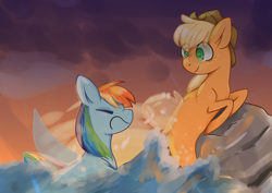 Size: 1766x1248 | Tagged: safe, artist:kawaiikittychu7, applejack, rainbow dash, earth pony, pegasus, pony, seapony (g4), g4, my little pony: the movie, applejack's hat, cowboy hat, dorsal fin, duo, duo female, eyes closed, female, fin wings, green eyes, hat, looking at each other, multicolored hair, ocean, rock, seaponified, seapony applejack, seapony rainbow dash, see-through, sky, smiling, species swap, sunset, unamused, water, wings