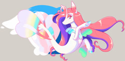 Size: 1280x632 | Tagged: safe, artist:kr-o, oc, oc only, seapony (g4), adoptable, blue eyes, colored pupils, dorsal fin, female, fins, fish tail, flowing mane, flowing tail, gray background, jewelry, necklace, seashell, simple background, solo, tail