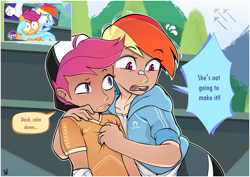 Size: 7016x4961 | Tagged: safe, artist:sugarelement, screencap, rainbow dash, scootaloo, human, pegasus, g4, the washouts (episode), bandaid on nose, confused, duo, humanized, looking down, redraw, scared, scene interpretation