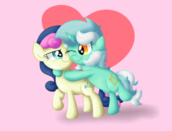 Size: 5104x3901 | Tagged: safe, artist:background basset, bon bon, lyra heartstrings, sweetie drops, earth pony, pony, unicorn, g4, absurd resolution, bipedal, female, heart, hug, lesbian, looking at each other, mare, one eye closed, pink background, pride month, raised hoof, ship:lyrabon, shipping, simple background, smiling, smiling at each other, standing, standing on one leg