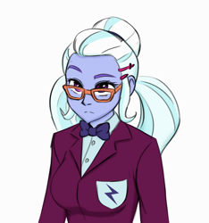 Size: 938x1001 | Tagged: artist needed, safe, color edit, edit, sugarcoat, equestria girls, g4, clothes, colored, colored sketch, crystal prep academy uniform, glasses, raised eyebrow, school uniform, simple background, solo, white background