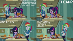 Size: 1280x720 | Tagged: safe, edit, edited screencap, editor:quoterific, screencap, rainbow dash, sci-twi, twilight sparkle, equestria girls, g4, my little pony equestria girls: better together, the last day of school, bowtie, clothes, crossed arms, cute, cutie mark, cutie mark on clothes, duo, duo female, female, geode of super speed, geode of telekinesis, glasses, hoodie, jewelry, magical geodes, necklace, one eye closed, open mouth, ponytail, smiling, twiabetes