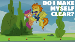 Size: 1280x720 | Tagged: safe, edit, edited screencap, editor:quoterific, screencap, scootaloo, spitfire, pegasus, pony, g4, season 8, the washouts (episode), abuse, bitchfire, child abuse, clothes, duo, duo female, female, filly, flying, mare, necktie, open mouth, scootabuse, spitfire's tie, spitfire's whistle, sunglasses, uniform, whistle, whistle necklace, wonderbolts dress uniform