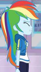 Size: 1920x3375 | Tagged: safe, screencap, rainbow dash, dashing through the mall, equestria girls, equestria girls specials, g4, my little pony equestria girls: better together, my little pony equestria girls: holidays unwrapped, breasts, busty rainbow dash, clothes, cropped, cutie mark, cutie mark on clothes, eyes closed, female, geode of super speed, hoodie, jewelry, magical geodes, necklace, solo