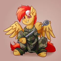 Size: 4000x4000 | Tagged: safe, artist:witchtaunter, oc, oc only, oc:sanguine sky, pegasus, pony, camouflage, chest fluff, ear fluff, male, sitting, smiling, solo, wrench