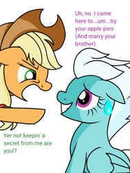 Size: 768x1024 | Tagged: safe, artist:windy breeze, applejack, fleetfoot, earth pony, pegasus, pony, g4, blue coat, denied, dialogue, duo, duo female, female, food, funetik aksent, green eyes, grin, implied big macintosh, implied fleetmac, implied straight, lies, male, mare, nervous, orange coat, overprotective, pie, pointing, purple eyes, secret, shading, ship:fleetmac, shipping, simple background, sitting, smiling, straight, suspicious, sweat, sweatdrop, ten gallon hat, this will not end well, white mane, yelling, yellow mane