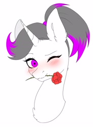 Size: 3043x4162 | Tagged: safe, artist:torihime, oc, oc only, oc:hazel radiate, pony, unicorn, blushing, bust, colored, commission, commissioner:biohazard, ear fluff, eyebrows, eyelashes, female, flat colors, flower, flower in mouth, high res, highlights, horn, looking at you, mare, nostrils, one eye closed, ponytail, portrait, rose, rose in mouth, simple background, solo, unicorn oc, white background, wink, winking at you, ych result