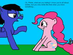 Size: 2000x1498 | Tagged: safe, artist:blazewing, pinkie pie, oc, oc:blazewing, earth pony, pegasus, pony, g4, atg 2021, big grin, birthday present, colored background, drawpile, glasses, grin, newbie artist training grounds, smiling, text