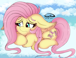 Size: 2792x2148 | Tagged: safe, artist:freefraq, fluttershy, pegasus, pony, g4, cloud, cute, ear fluff, female, floppy ears, fluffy, folded wings, high res, looking away, lying down, mare, on a cloud, prone, sad, shyabetes, sky, solo, teary eyes, wings