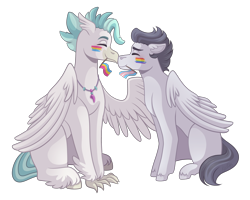 Size: 3500x2800 | Tagged: safe, artist:monnarcha, rumble, terramar, classical hippogriff, hippogriff, pegasus, pony, g4, boop, eyes closed, gay, gay pride flag, high res, male, mouth hold, noseboop, older, pansexual, pansexual pride flag, pride, pride flag, pride month, rumblemar, shipping, simple background, sitting, trans male, transgender, transgender pride flag, transparent background