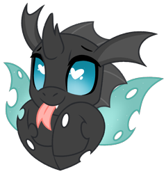 Size: 1671x1751 | Tagged: safe, artist:emberslament, changeling, :p, ambiguous gender, cute, cuteling, fangs, forked tongue, heart eyes, simple background, solo, tongue out, transparent background, wingding eyes, wings