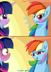Size: 2480x3507 | Tagged: safe, artist:twidasher, rainbow dash, twilight sparkle, pegasus, pony, g4, blushing, duo, feather, female, gradient background, high res, lesbian, looking at each other, looking at you, mare, open mouth, open smile, ship:twidash, shipping, signature, smiling