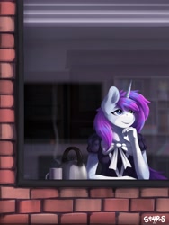 Size: 3000x4000 | Tagged: safe, artist:st4rs6, oc, oc only, oc:starline moongazer, unicorn, anthro, brick wall, clothes, commission, heterochromia, kettle, looking out the window, maid, reflection, smiling, solo, window