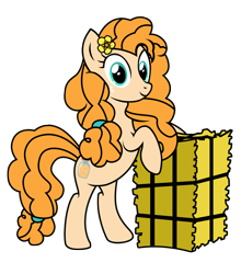 Size: 1840x2088 | Tagged: safe, artist:third uncle, pear butter, earth pony, pony, g4, bipedal, bipedal leaning, female, flower, flower in hair, hay bale, leaning, mare, pose, simple background, smiling, transparent background