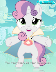 Size: 2000x2588 | Tagged: safe, artist:boneswolbach, artist:kuren247, sweetie belle, pony, unicorn, g4, arms wide open, bipedal, cape, chirithy, clothes, cloud, crossover, cute, diasweetes, disney, female, filly, high res, kingdom hearts, looking at you, parody, pouch, sky, solo, text