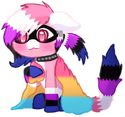 Size: 2005x1877 | Tagged: safe, artist:pasteldraws, oc, oc only, hybrid, pony, raccoon, raccoon pony, blushing, collar, genderfluid, pansexual pride flag, pride, pride flag, pride month, pride pony, simple background, sitting, solo, spiked collar, transparent background