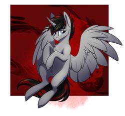 Size: 1515x1402 | Tagged: safe, artist:alrumoon_art, oc, oc only, oc:crimson lance, alicorn, pony, alicorn oc, chest fluff, horn, partially open wings, solo, wings
