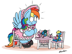 Size: 2194x1624 | Tagged: safe, artist:bobthedalek, rainbow dash, pegasus, pony, g4, atg 2021, bonnet, bow, caught, clothes, cup, doll, dress, explanation in the comments, female, i can explain, mare, newbie artist training grounds, pigtails, plushie, puffy sleeves, rainbow dash always dresses in style, shoes, socks, startled, tail bow, tea party, teacup, teapot, toy, wonderbolts