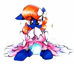 Size: 2965x2579 | Tagged: safe, artist:liaaqila, oc, oc only, oc:threadwing, pegasus, pony, abdl, bow, clothes, crossdressing, cute, diaper, dress, evening gloves, female, gloves, hair bow, high res, long gloves, mare, non-baby in diaper, ocbetes, pegasus oc, sissy, solo, traditional art, wig
