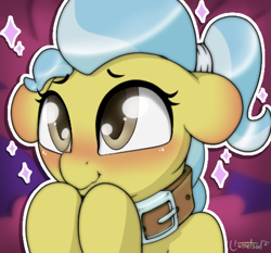 Size: 512x478 | Tagged: safe, artist:llametsul, doctor fauna, earth pony, pony, g4, atg 2021, blushing, collar, cute, dog collar, faunabetes, female, looking up, mare, newbie artist training grounds, signature, solo, sparkles, sticker