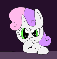 Size: 1089x1129 | Tagged: safe, artist:yorkyloves, sweetie belle, pony, unicorn, g4, colored, confused, dreamworks face, female, filly, flat colors, frown, furniture, no shading, room, solo, sweetie belle is not amused, table, thinking, unamused