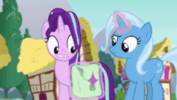Size: 1280x720 | Tagged: safe, screencap, bulk biceps, starlight glimmer, trixie, pony, unicorn, all bottled up, g4, animated, female, floppy ears, glowing horn, horn, male, talking, trio, vein, webm
