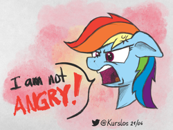 Size: 2000x1500 | Tagged: safe, artist:kurslos, rainbow dash, pegasus, pony, g4, angry, atg 2021, blatant lies, cross-popping veins, emotions, female, mare, newbie artist training grounds, open mouth, solo, text, yelling