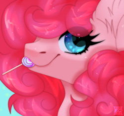Size: 2304x2160 | Tagged: safe, artist:elektra-gertly, pinkie pie, earth pony, pony, g4, bust, candy, cute, diapinkes, ear fluff, female, food, high res, lollipop, mare, mouth hold, portrait, solo