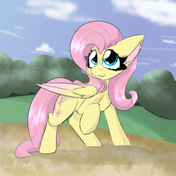 Size: 2000x2000 | Tagged: safe, artist:jubyskylines, fluttershy, pegasus, pony, g4, cute, ear fluff, eyelashes, female, folded wings, high res, looking at you, mare, outdoors, raised hoof, shyabetes, solo, standing, tongue out, turned head, two toned wings, wing fluff, wings