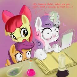 Size: 2000x2000 | Tagged: safe, artist:darksly, apple bloom, scootaloo, sweetie belle, earth pony, pegasus, pony, unicorn, g4, atg 2021, book, candle, caught, cutie mark crusaders, female, filly, glowing horn, high res, horn, implied lesbian, implied shipping, implied sweetiebloom, levitation, magic, magic aura, newbie artist training grounds, potion, telekinesis, wide eyes
