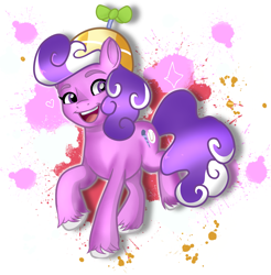Size: 3611x3673 | Tagged: safe, artist:doraeartdreams-aspy, screwball, earth pony, pony, g4, g5, abstract background, female, g4 to g5, hat, high res, mare, open mouth, paint, propeller hat, raised hoof, solo, unshorn fetlocks